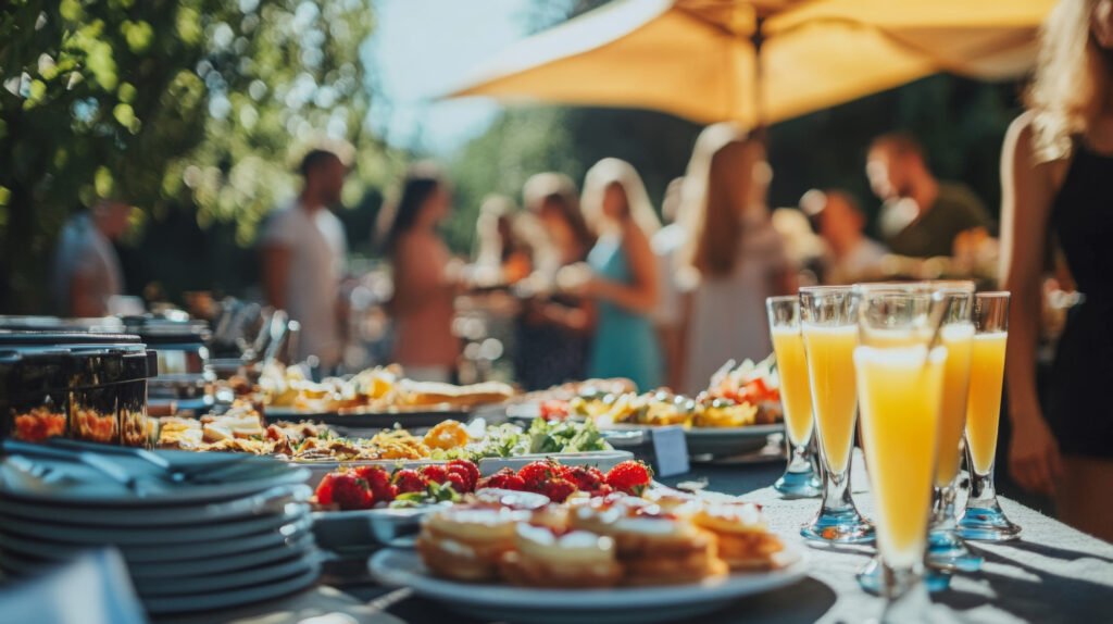 outdoor brunch gathering with fresh food and drinks in a sunny garden setting