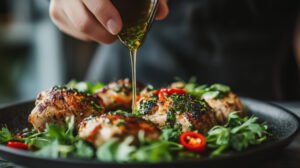 delicious grilled chicken drizzled with herb oil on a bed of fresh greens surrounded by red chili for a vibrant culinary experience